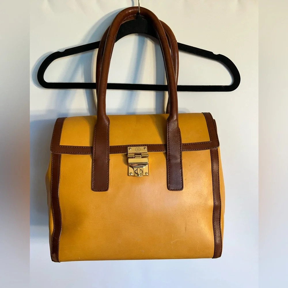 DOUGLAS HANNANT MUSTARD GOLD BROWN TRIM GOLD HARDWARE FEET TURN LOCK SATCHEL BAG - Picture 2 of 16